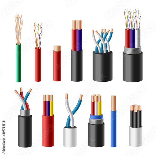 A vector set of copper electric cables different amperage and colors.