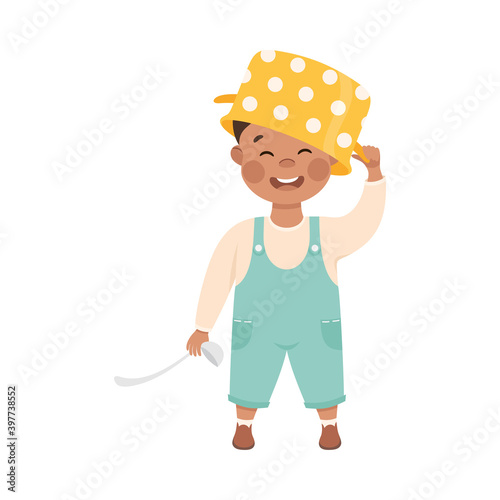 Naughty Child Wearing Saucepan on His Head Vector Illustration