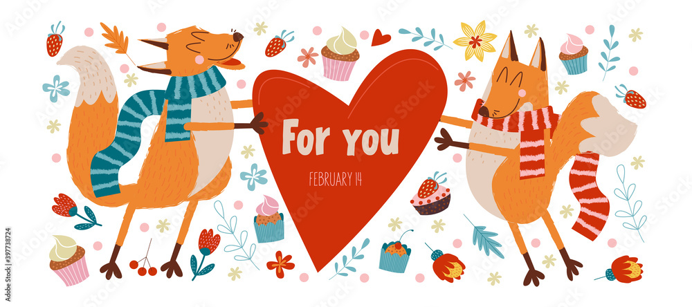 Happy Valentine's day. Vector cute greeting card with foxes in love.