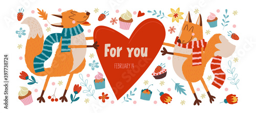Happy Valentine's day. Vector cute greeting card with foxes in love.
