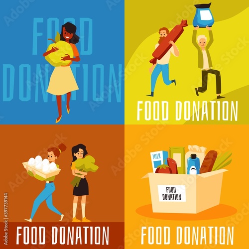 Food donation square banners for social media set flat vector illustration.