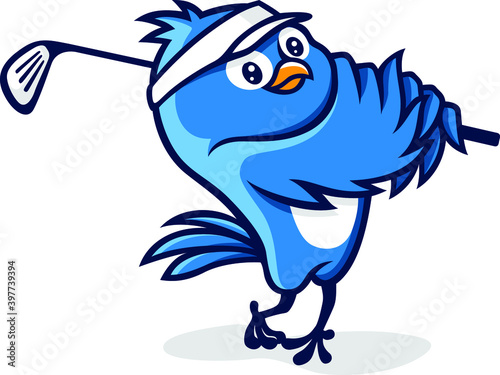 A little Blue Bird Swings Its Golf Club  Stick 