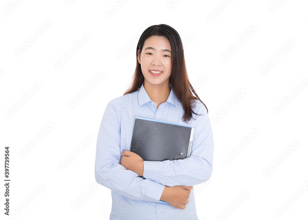 Young lady holding folders in front of white background Young lady holding folders in front of white background
