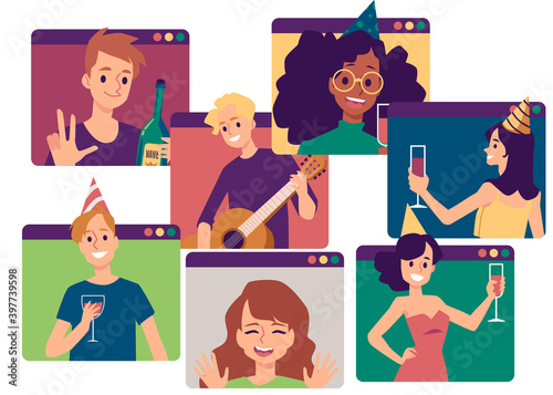Online video virtual birthday, party or meeting with friends a vector illustration