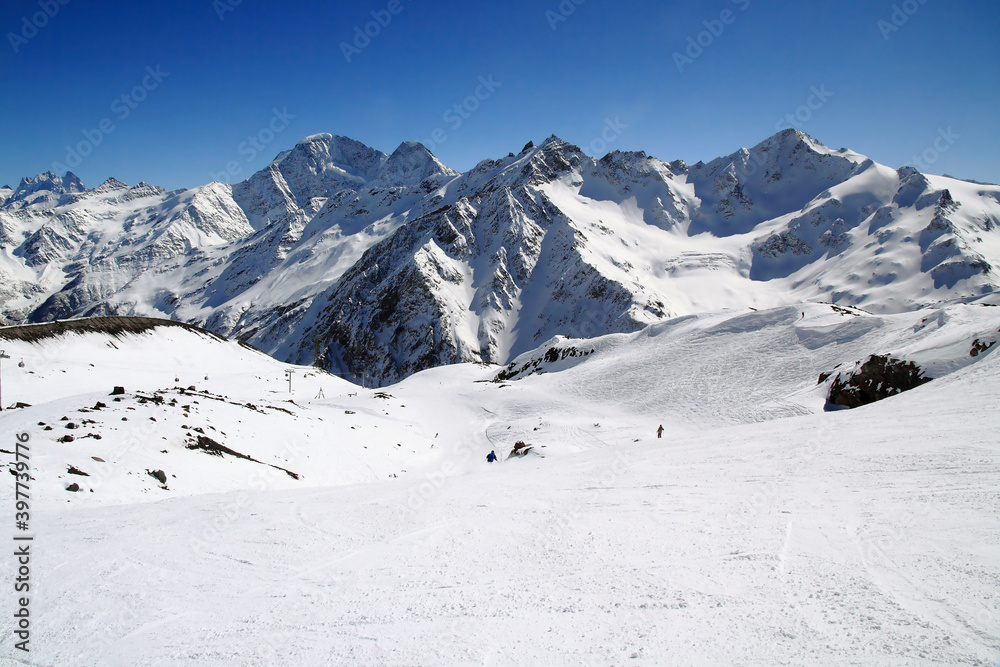 Ski slope on the slope of Mount Elbrus below the Mir station, Elbrus region, Caucasus