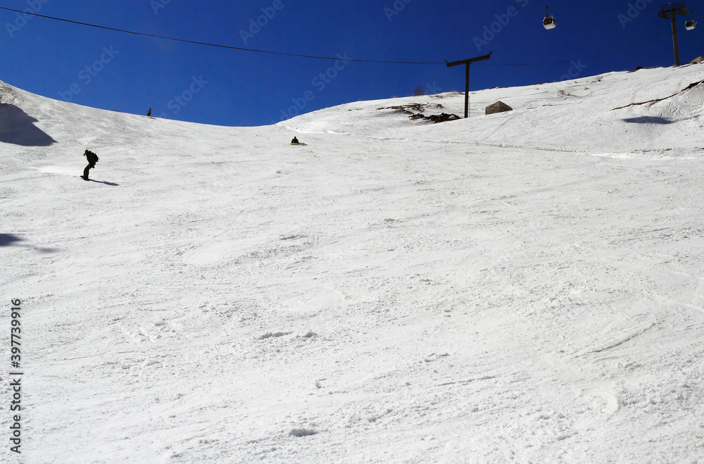 The lower part of the ski slope of the Azau resort on the slopes of Mount Elbrus, Elbrus region, Caucasus