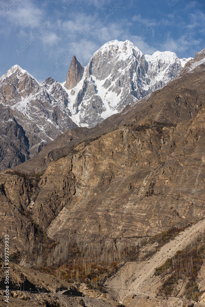 Lady finger mountain peak view from Hunza valley in autumn season, Karakoram mountains range in Gilgit Baltistan, north Pakistan