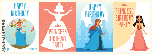 Birthday party invitation cards set with princesses flat vector illustration.