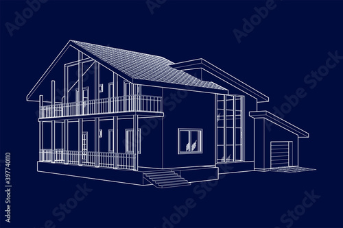 Stylish architectural blueprint.Vector wireframe perspective of luxury modern house exterior. 3D vector model of cottage. 
