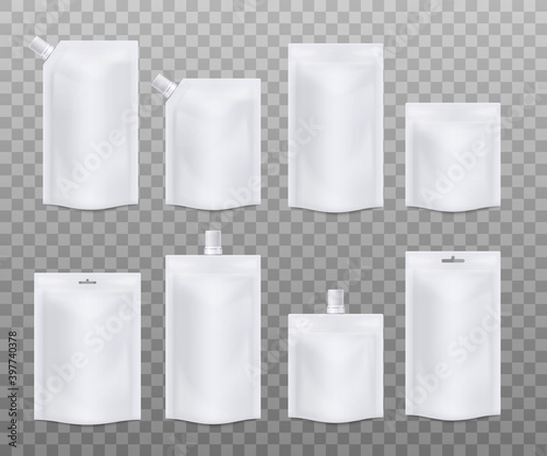 Templates of blank white doy packs set realistic vector illustration isolated.