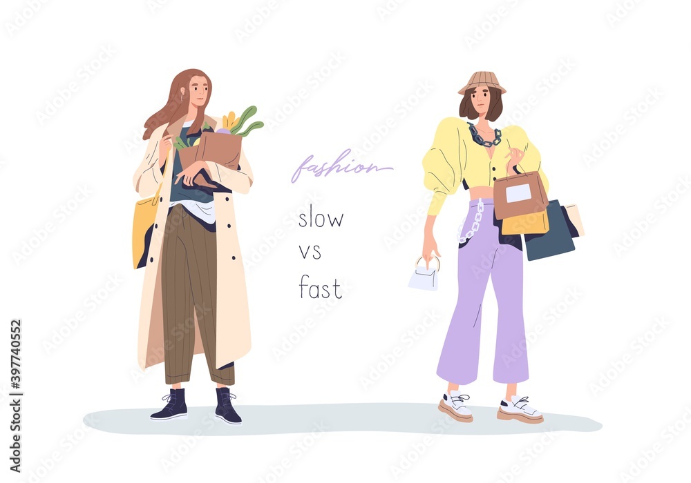 Slow vs fast fashion movement against overconsumption and low-quality mass market. Social phenomenon of eco-conscious consumption and shopping. Flat vector illustration isolated on white background