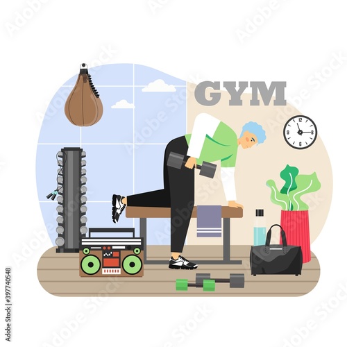 Daily life. Fitness gym. Young man doing exercises with dumbbell, flat vector illustration. Sport and healthy lifestyle.