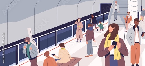People waiting for train on metro platform. Passengers standing and sitting in modern subway station. Male and female characters using urban public transport. Daily city life. Flat vector illustration