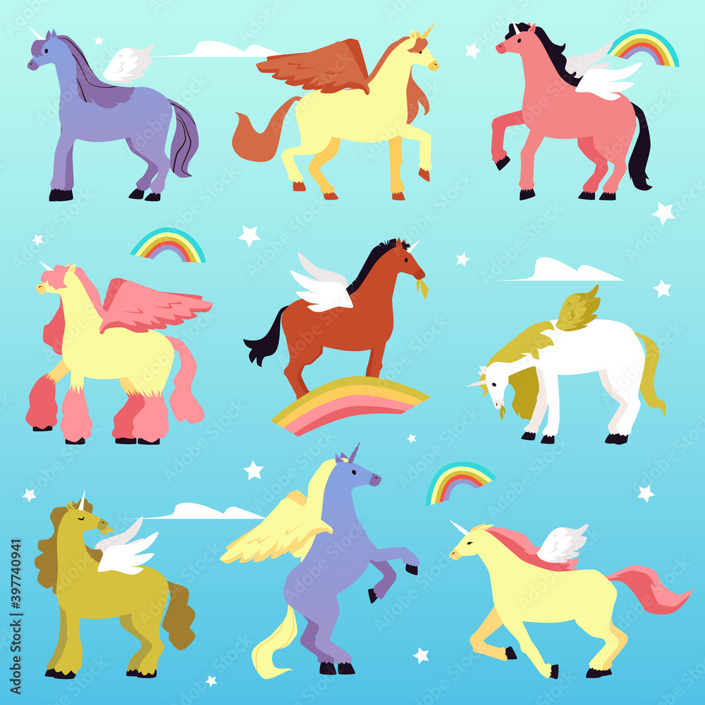 Cute unicorn pony set on blue sky background. Cartoon fantasy animals