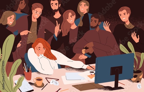 Stressed woman failed to meet deadline. Angry colleagues standing over creative worker pressuring and criticizing, complicating work with restrictions and conflicting tasks. Flat vector illustration
