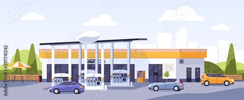 Facade of modern gas station building with cars arriving and leaving for refueling or filling with petrol, gasoline or diesel. Colorful flat vector illustration