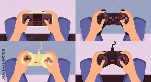 Hands holding joystick for playing video games - cartoon set