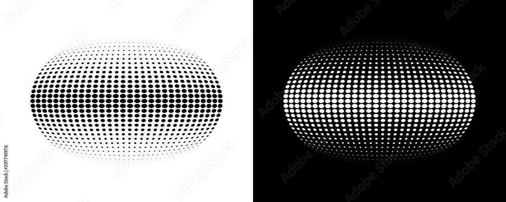 Halftone distort ball. Circle dots 3d sphere. Logo emblem design element for medical, treatment, cosmetic. Globe icon using halftone circle dots raster texture. Vector illustration.