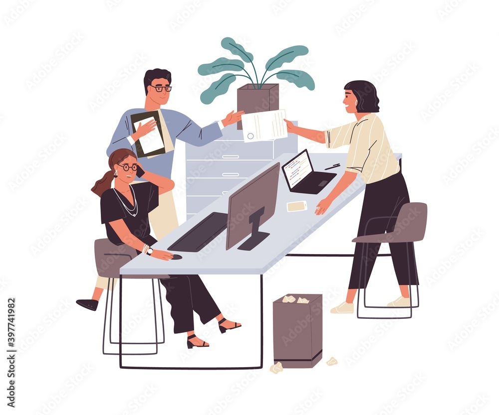 Colleagues communicating at workplace. Happy people talking on phone, working with computer, laptop and paper documents in modern office interior. Flat vector illustration isolated on white background