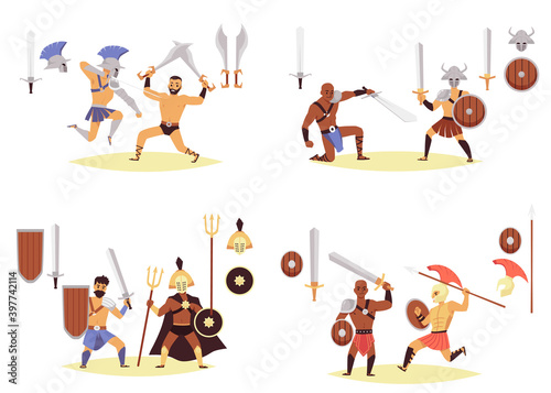 Set of battle scenes of gladiators and legionary of roman empire