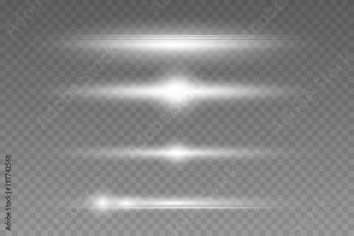 White horizontal lens flares pack, laser beams, light flare. Vector illustration EPS10