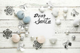 Blank letter to Santa and Christmas decor on light background