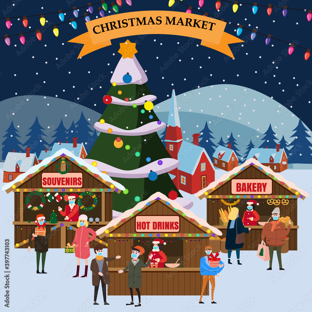 Christmas Market holiday fairs or festive on city square. In conditions of the COVID 2019 pandemic sellers in medical masks, Social distancing. People walk and buy between canopy, stalls, kiosks