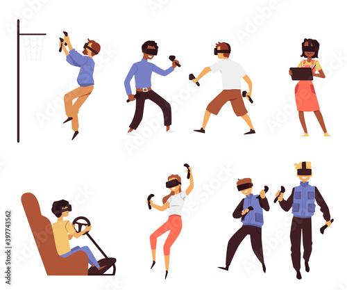 Set of characters using virtual reality for playing games, workout, entertainment