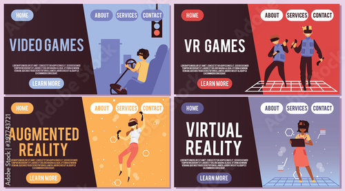 Set of vector landing page templates with concept virtual augmented reality.