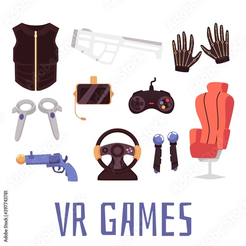 Set of equipment and devices for VR games flat vector illustration isolated.