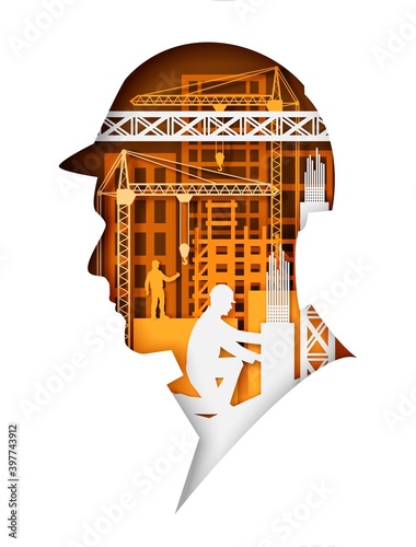 Builder head in hard hat silhouette with construction crane, buildings, workers inside. Vector illustration in paper art craft style. Construction business development.