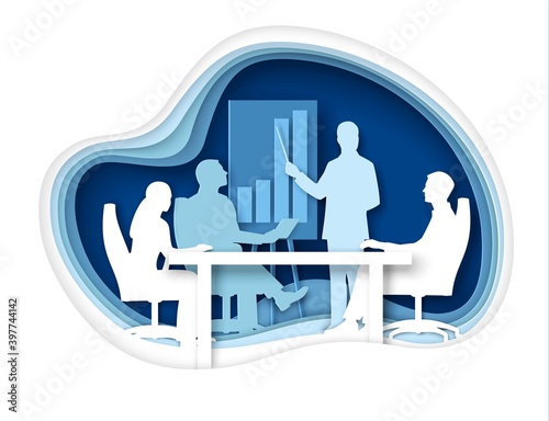 Office life scene, vector illustration in paper art craft style. Group of business people silhouettes having workshop, meeting, planning, giving presentation. Teamwork, office situations.
