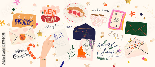 Merry Christmas and Happy New Year 2021 vector set. Hand drawn cards, envelopes, lettering, postcards. Cute trendy cartoony illustrations. 