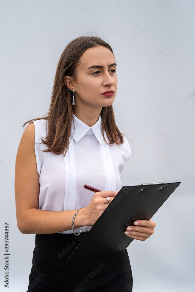 cheerful business woman with clipboard, isolated on white background cheerful business woman with clipboard, isolated on white background