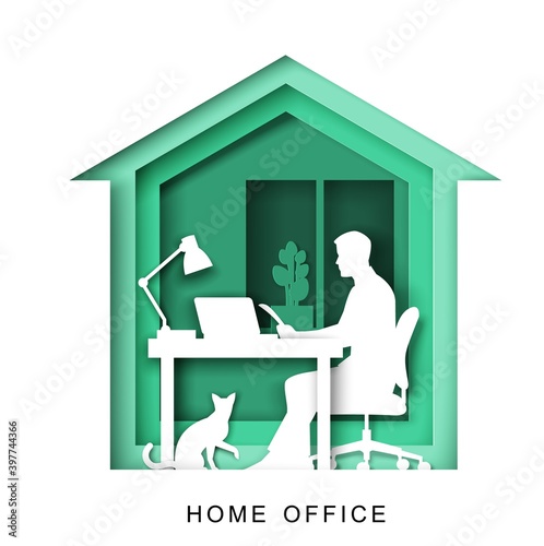 Freelancer man silhouette working on laptop sitting at table, vector illustration in paper art craft style. Home office, remote work, freelance.