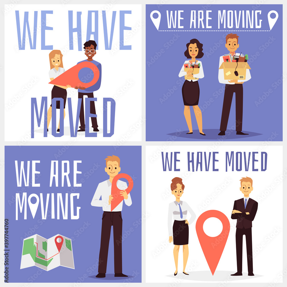 Set of posters for topic of business office moving, flat vector illustration.