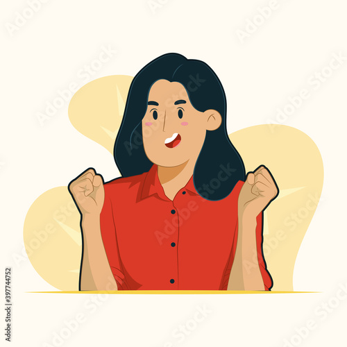 Young woman raise fists hands concept