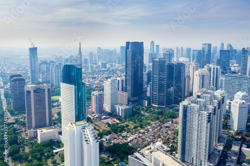 Modern office buildings at misty morning