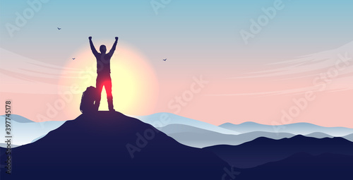 Life goals - Silhouette of hiker on mountain top with arms in air in front of sunlight, celebrating life and personal goal. Vector illustration.