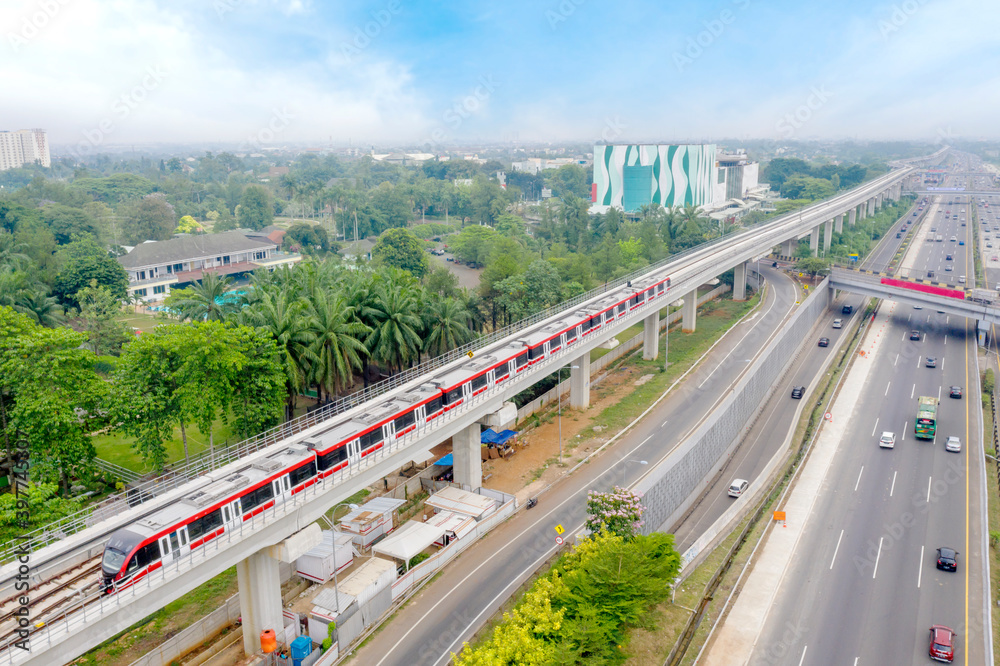 Aerial view of LRT train for Bogor to Jakarta route