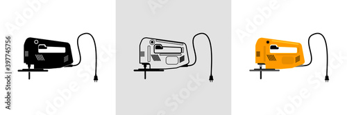 electric jig saw icon set. Line, glyph and filled outline colorful version electric jig saw icon outline and filled vector sign. Symbol, logo illustration. Different style icons set.