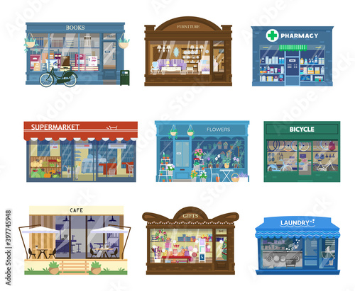 Vector Collection Of Shops Buildings Exteriors. Showcases With Goods. Book Shop, Furniture Shop, Pharmacy, Supermarket, Flower Shop, Bicycle, Cafe, Gift Shop, Laundry. Isolated On White.