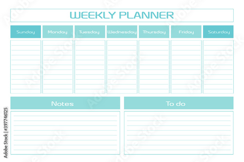 Weekly planner diary turquoise template. seven days personal schedule in a minimalist design. Week starts on sunday