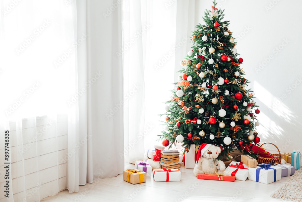 Interior room with Christmas tree window with new year gifts