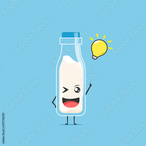 a bottle of white milk character got an idea isolated on cyan background. a bottle of white milk character emoticon illustration