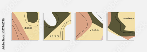 Vector set of minimal backgrounds with abstract organic shapes, hand draw line and sample text. Contemporary collage. Minimal stylish cover for branding design.