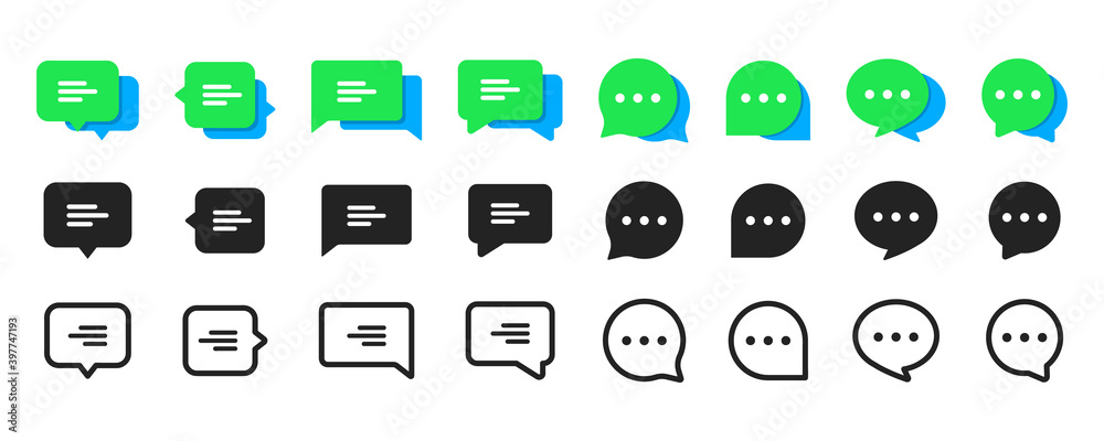 Set of Chat Message Bubbles Vector Icon. Communication icons. Talk bubble, dialog. Web icon set. Online communication. Conversation, SMS, Notification, Group Chat. Chatting icons in different styles