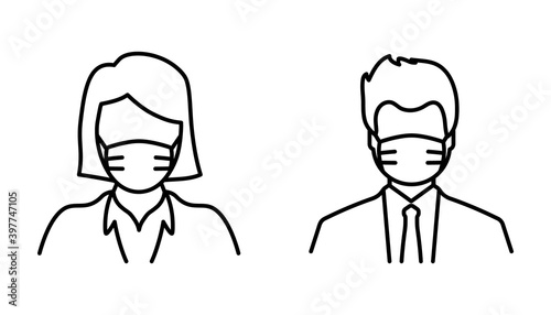 Man and Woman in medical face protection mask, thin line icon. Medical mask icon. Corona virus quarantine, infection, disease, sickness, pollution. Depressed and tired people wearing protective mask