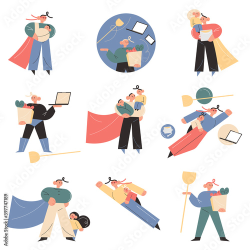 Happy young fathers carrying children, making housework, helping, shopping