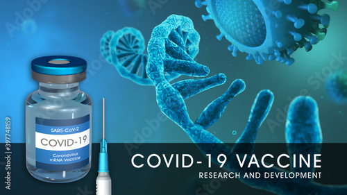 COVID-19 mRNA vaccine. Research and development. Single RNA strand. 2020 coronavirus pandemic. Microscopic view of a infectious SARS-CoV-2 virus cell. 3D rendering photo